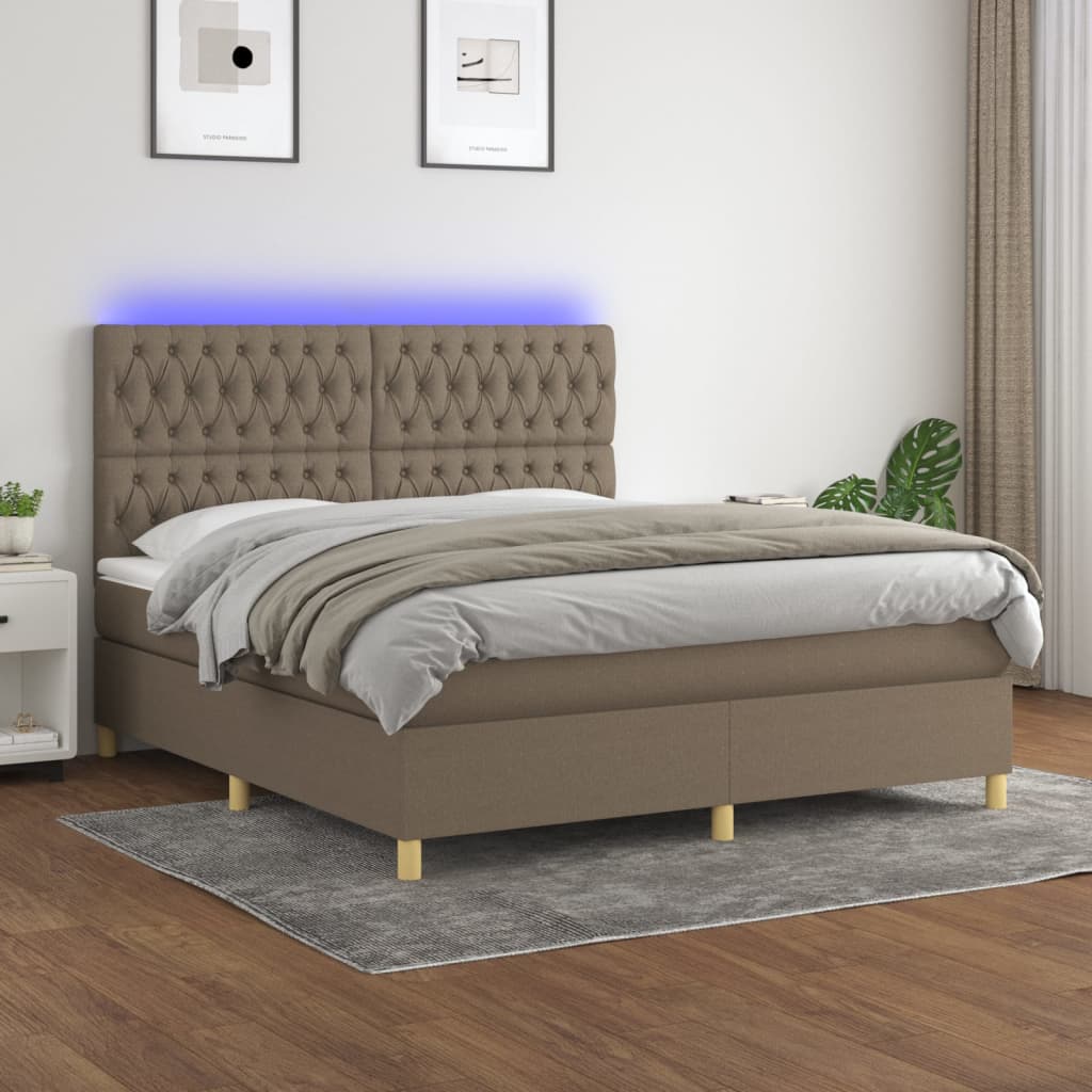 Letto a Molle con Materasso e LED Tortora 160x200 cm in Tessuto | homemem39