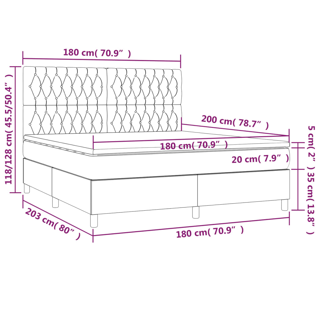 Letto a Molle con Materasso e LED Tortora 180x200 cm in Tessuto