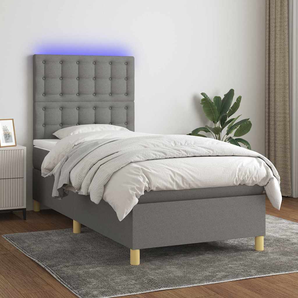 Letto a Molle Materasso e LED Grigio Scuro 90x190 cm in Tessuto