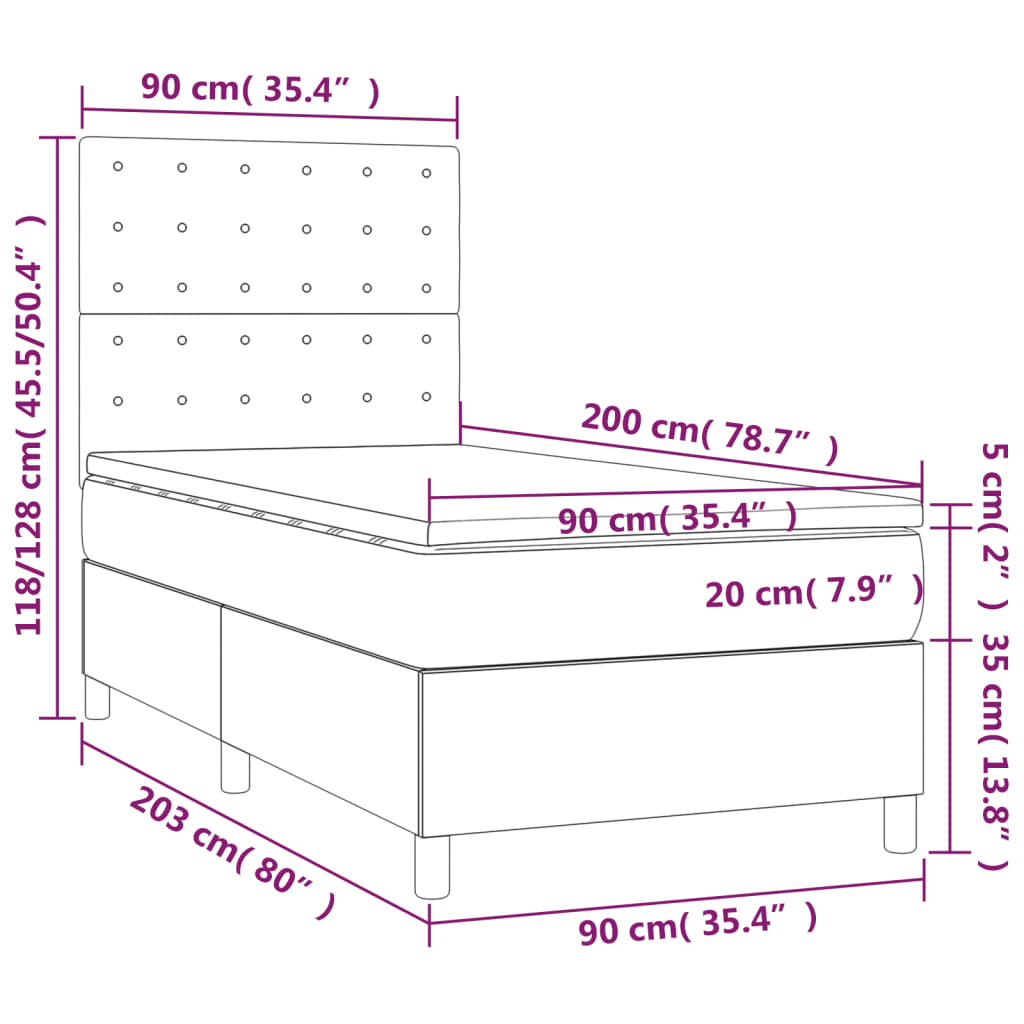 Federkernmatratze und LED Dunkelgrau 90x200 cm aus Stoff