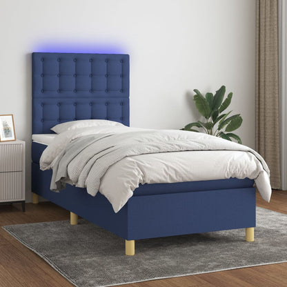 Letto a Molle con Materasso e LED Blu 90x200 cm in Tessuto