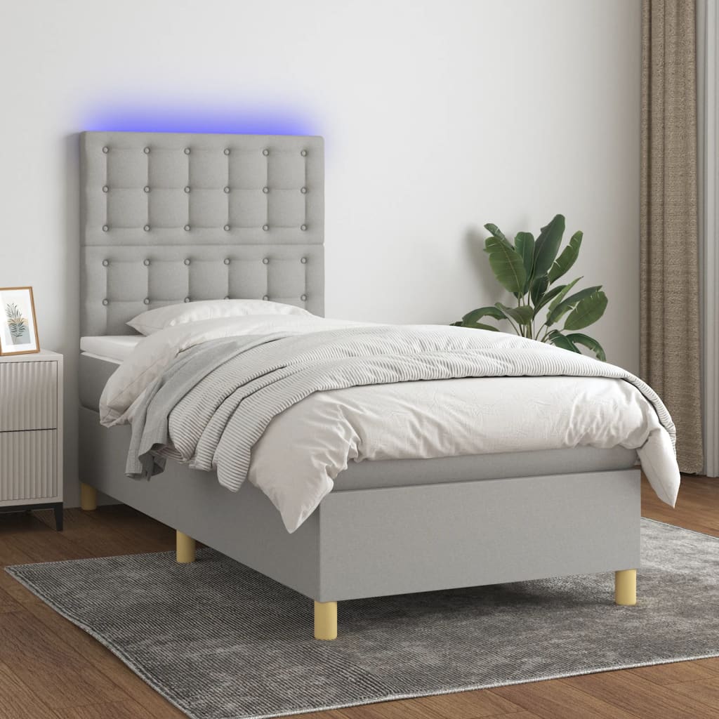 Letto a Molle Materasso e LED Grigio Chiaro 100x200 cm Tessuto - homemem39