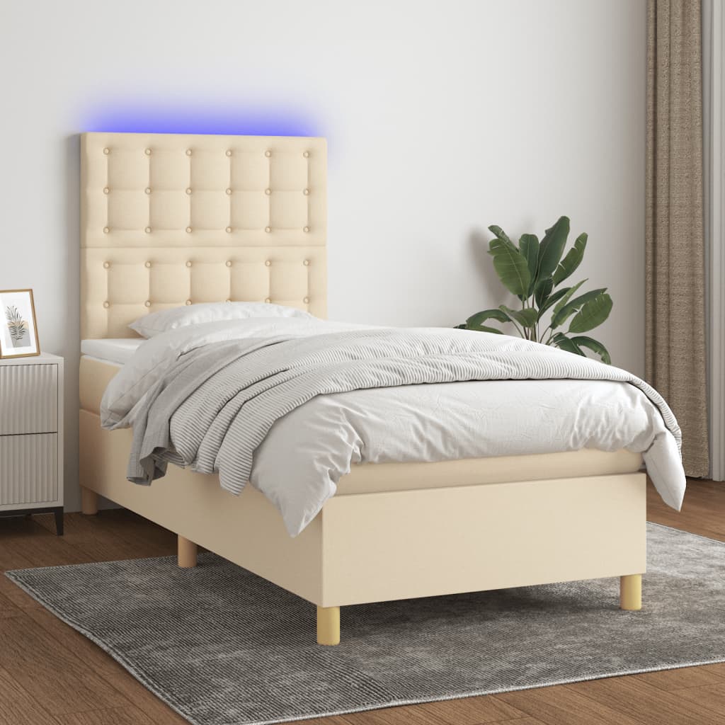Letto a Molle con Materasso e LED Crema 100x200cm in Tessuto - homemem39