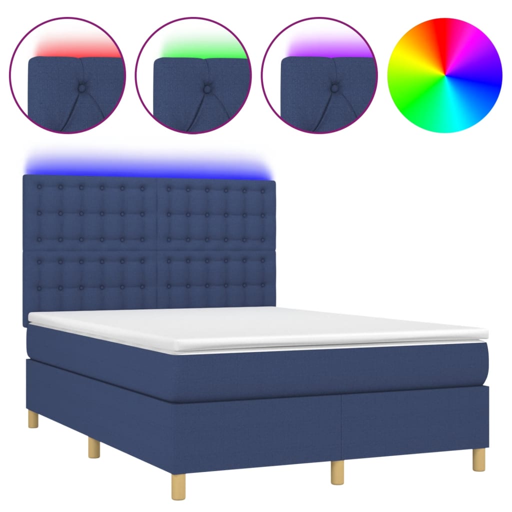 Letto a Molle con Materasso e LED Blu 140x200 cm in Tessuto | homemem39