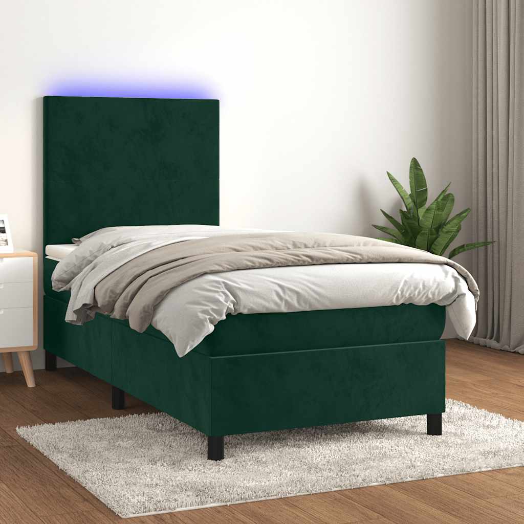 Letto a Molle con Materasso e LED Verde Scuro 80x200cm Velluto | homemem39