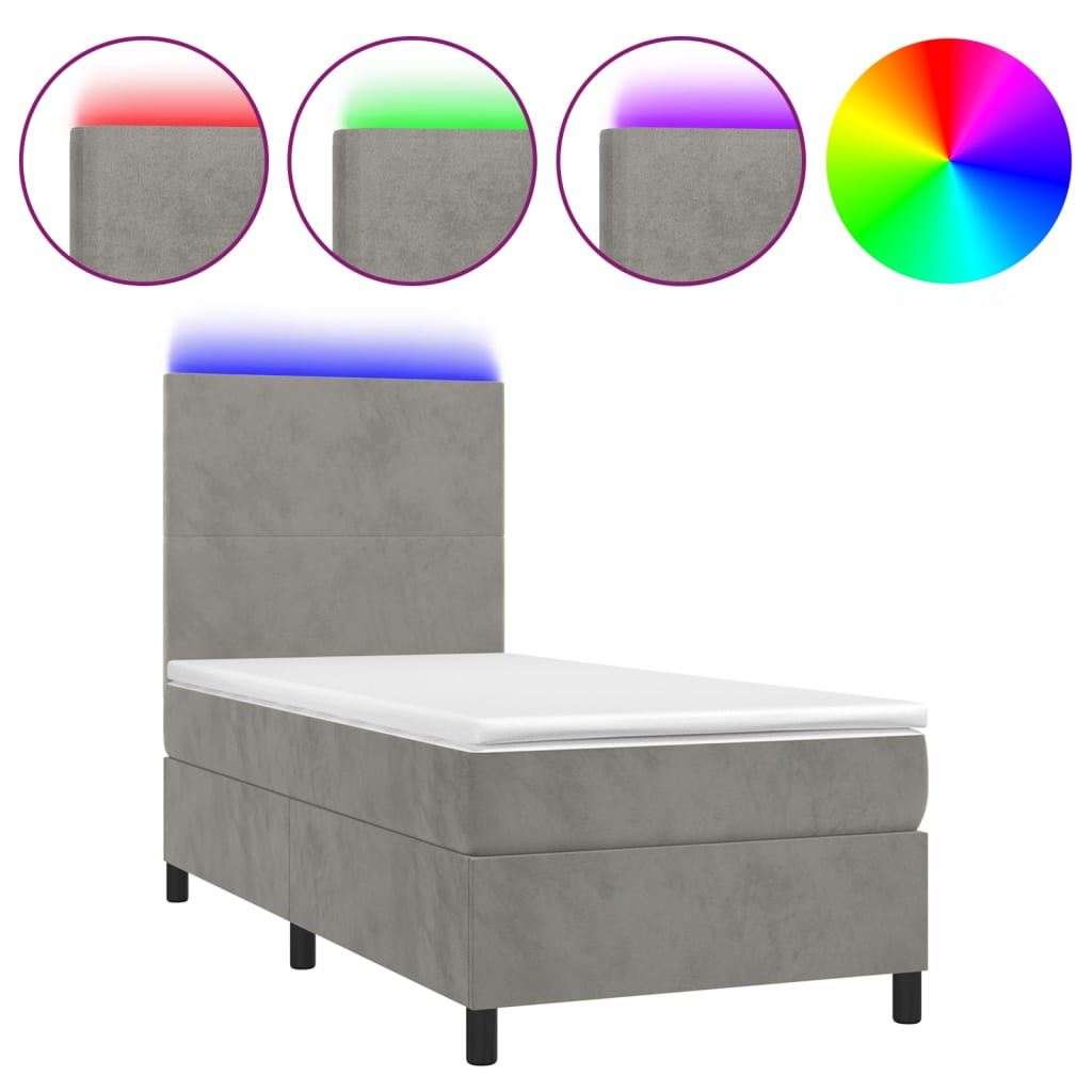 Letto a Molle Materasso e LED Grigio Chiaro 90x190 cm Velluto - homemem39