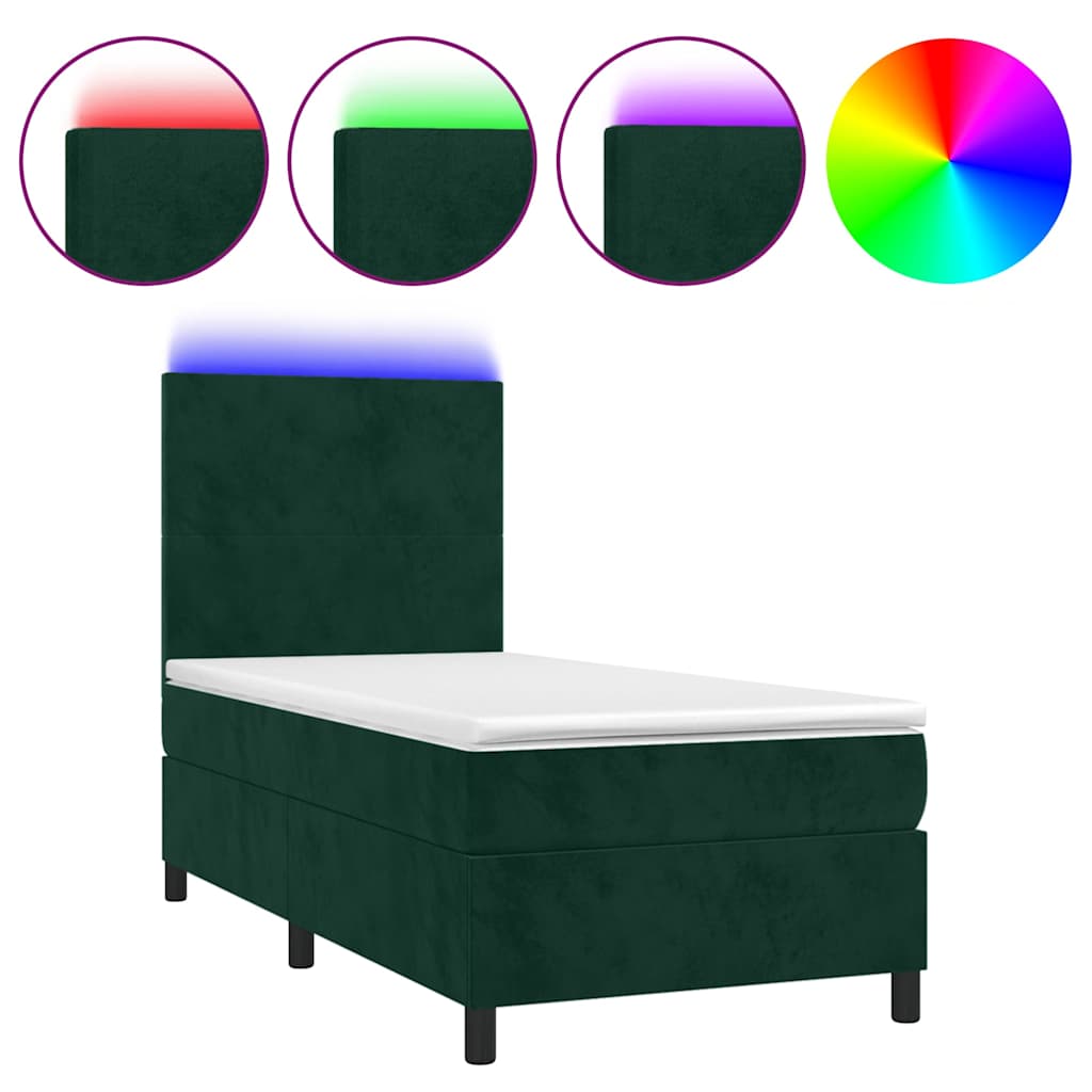 Letto a Molle con Materasso e LED Verde Scuro 90x200cm Velluto