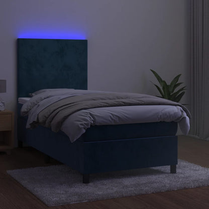 Letto a Molle con Materasso e LED Blu Scuro 90x200cm in Velluto