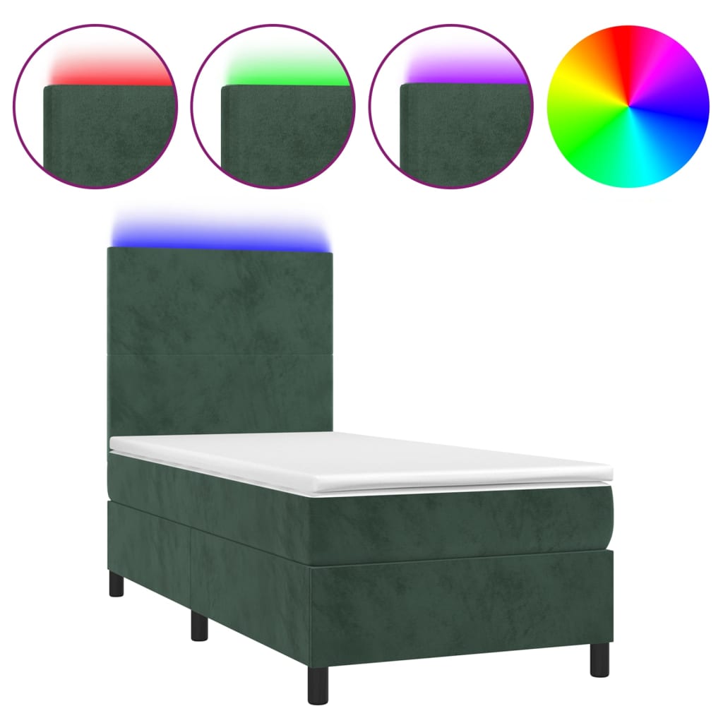 Letto a Molle con Materasso e LED Verde Scuro 100x200cm Velluto - homemem39