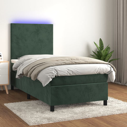 Letto a Molle con Materasso e LED Verde Scuro 100x200cm Velluto - homemem39