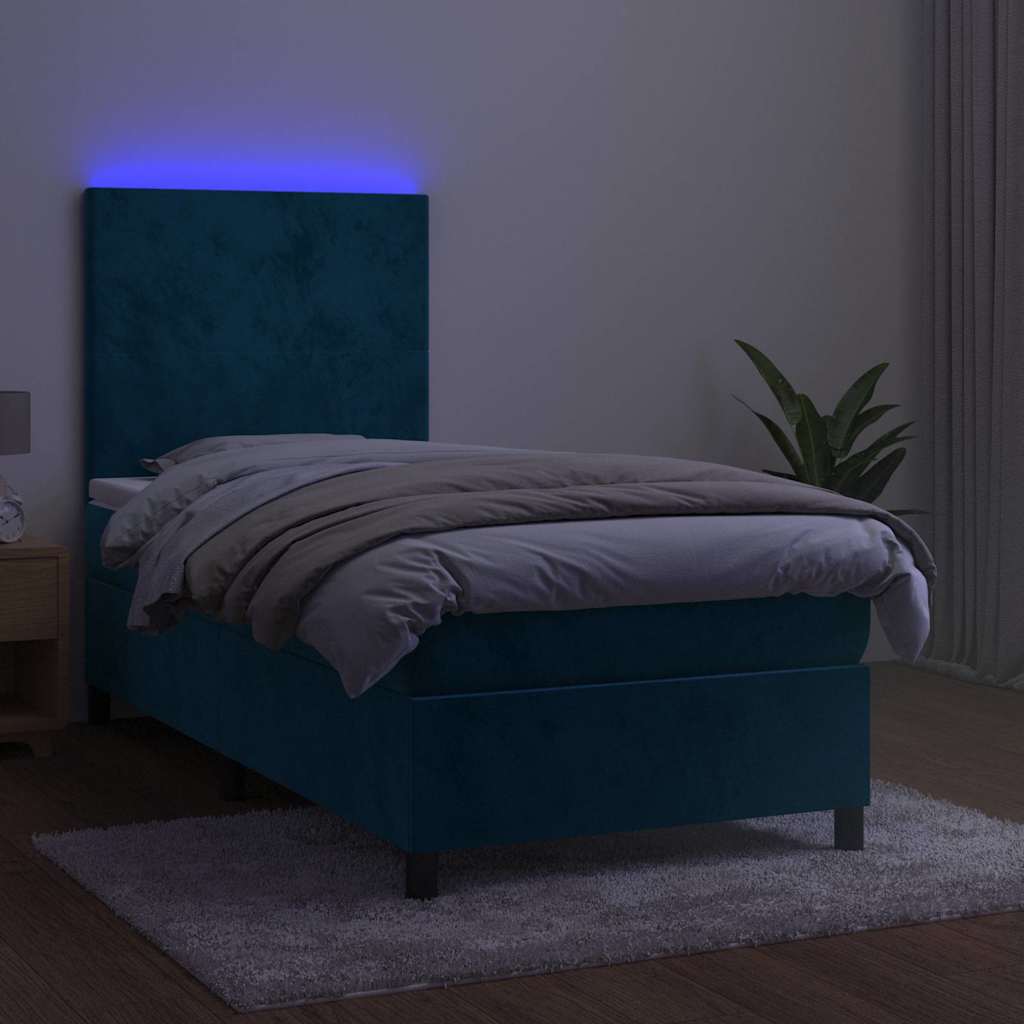 Letto a Molle con Materasso e LED Blu Scuro 100x200 cm