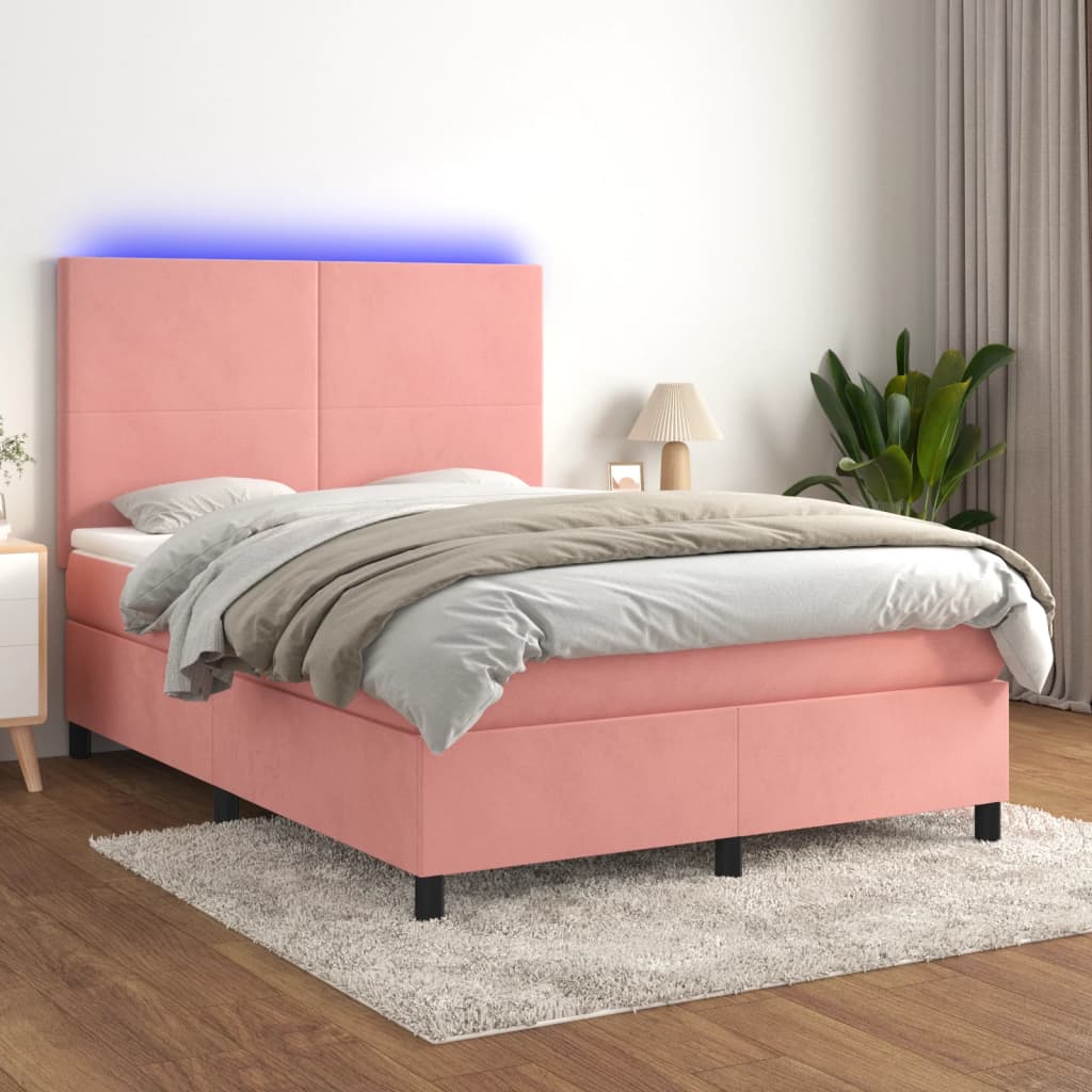 Letto a Molle con Materasso e LED Rosa 140x200 cm in Velluto - homemem39