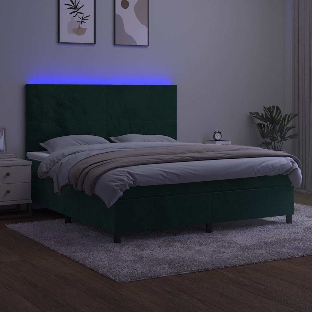 Letto a Molle con Materasso e LED Verde Scuro 160x200cm Velluto