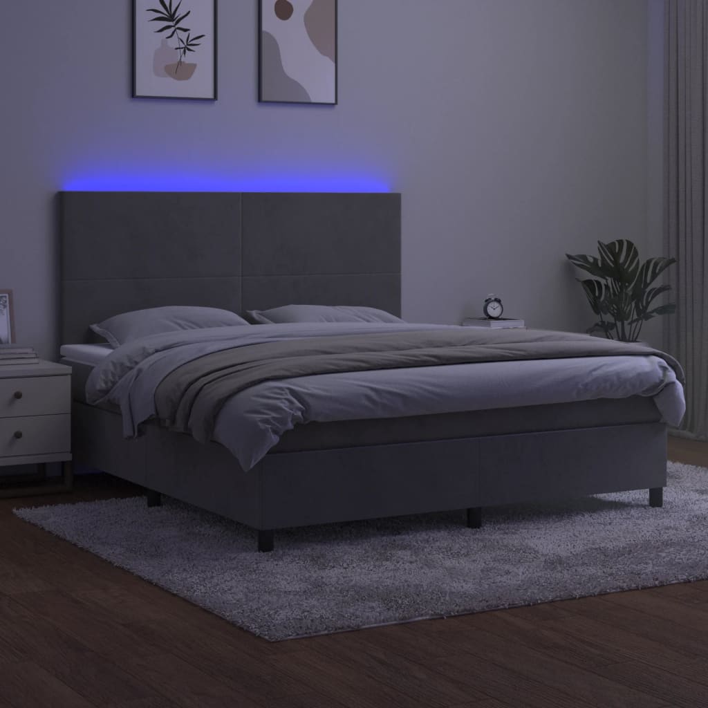 Letto a Molle Materasso e LED Grigio Chiaro 180x200 cm Velluto