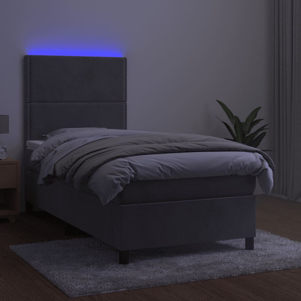 Letto a Molle Materasso e LED Grigio Chiaro 90x190 cm Velluto - homemem39