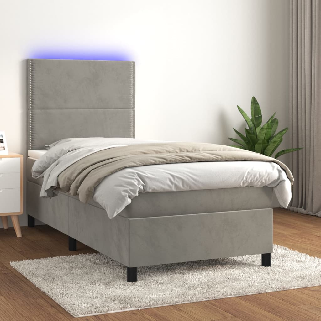 Letto a Molle Materasso e LED Grigio Chiaro 90x200 cm Velluto