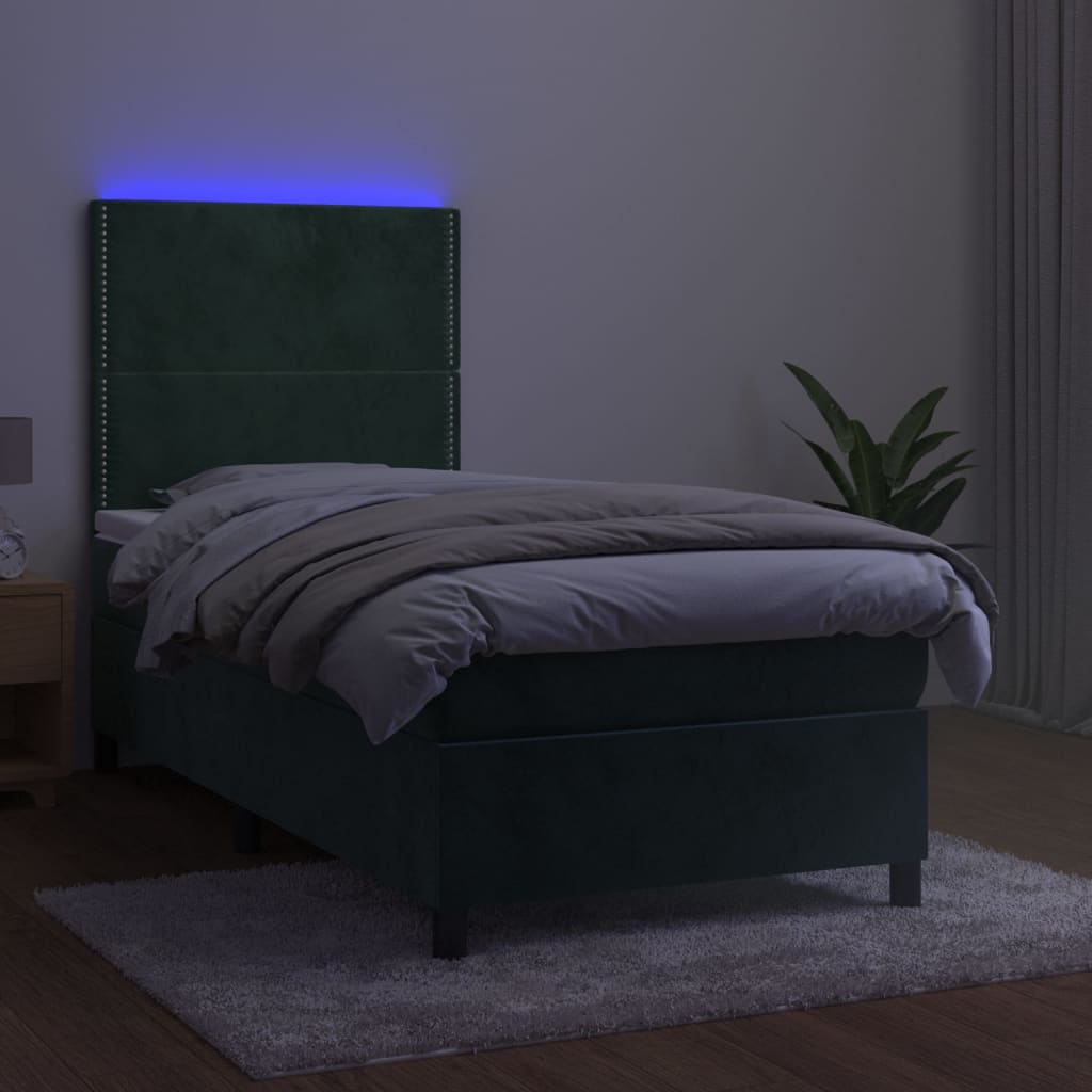 Letto a Molle con Materasso e LED Verde Scuro 90x200cm Velluto