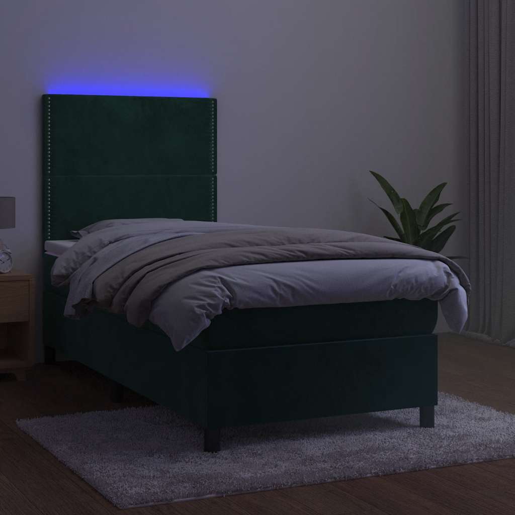 Letto a Molle con Materasso e LED Verde Scuro 90x200cm Velluto