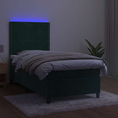Letto a Molle con Materasso e LED Verde Scuro 90x200cm Velluto