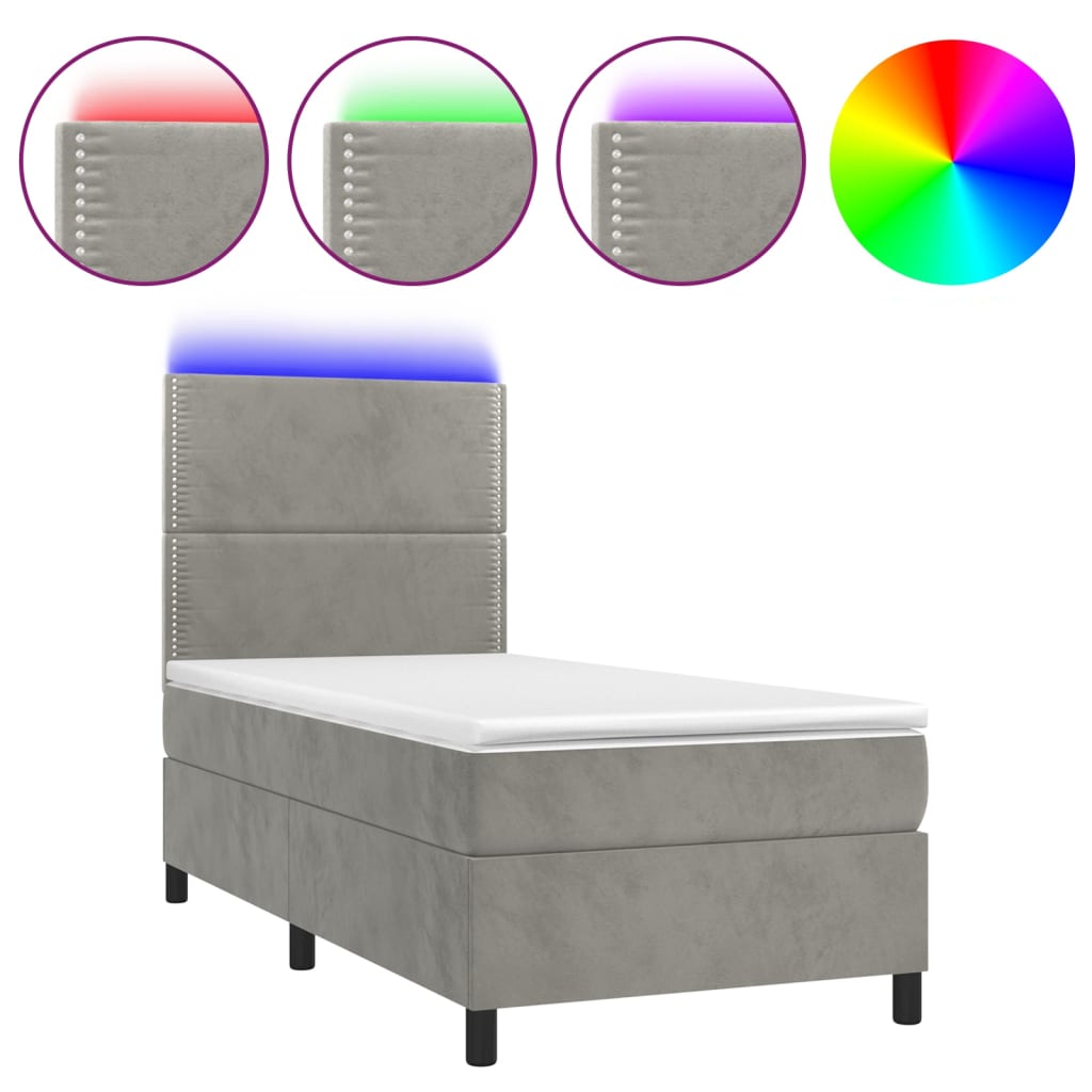 Letto a Molle Materasso e LED Grigio Chiaro 100x200 cm Velluto - homemem39