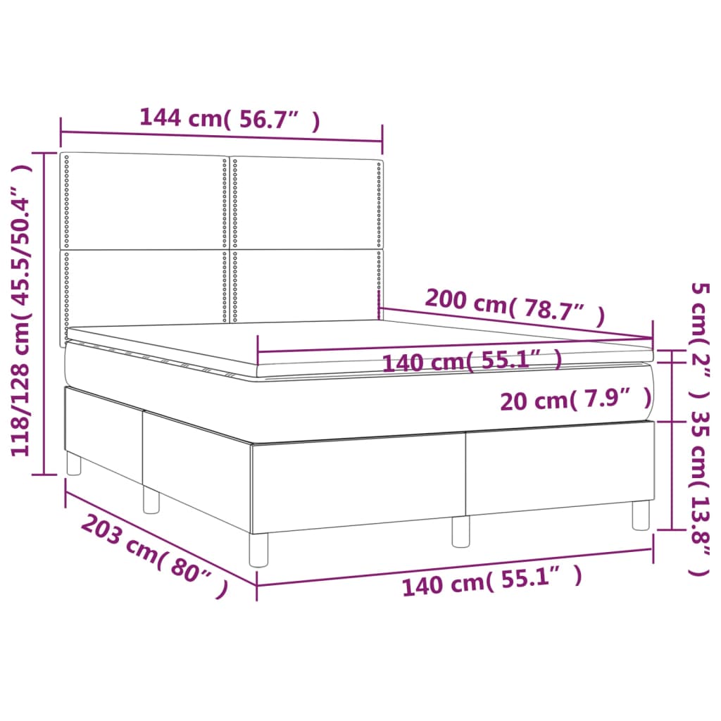 Federbett mit Matratze und schwarzer LED 140x200 cm in Samt