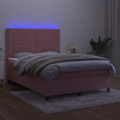 Letto a Molle con Materasso e LED Rosa 140x200 cm in Velluto