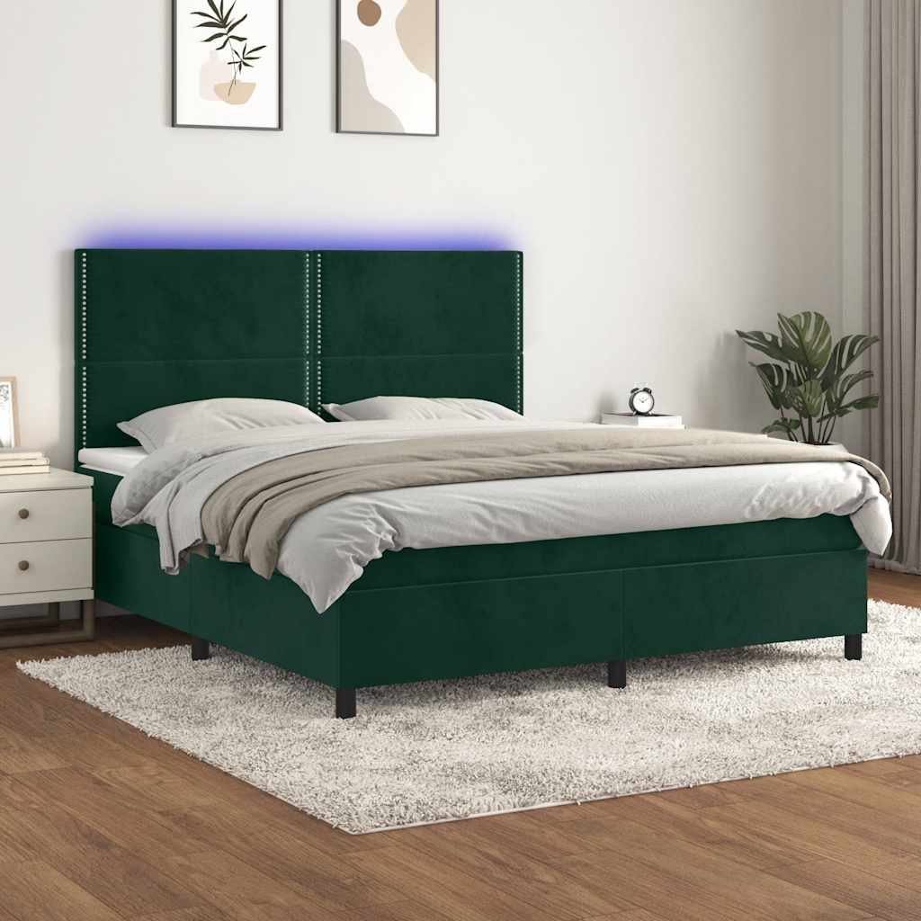 Letto a Molle con Materasso e LED Verde Scuro 180x200cm Velluto