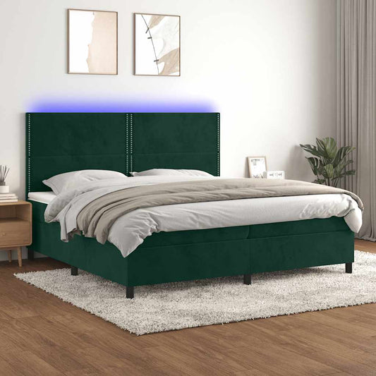 Letto a Molle con Materasso e LED Verde Scuro 200x200cm Velluto