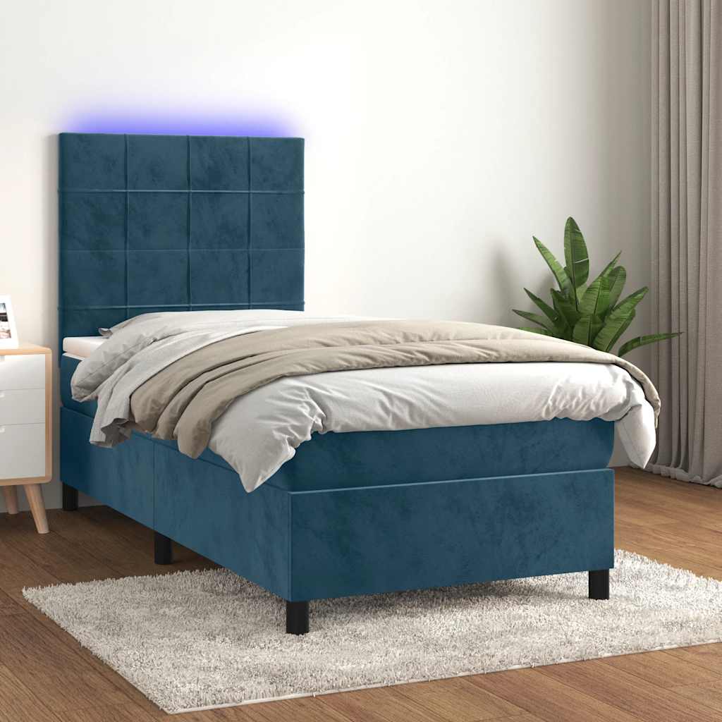 Letto a Molle con Materasso e LED Blu Scuro 80x200cm in Velluto | homemem39