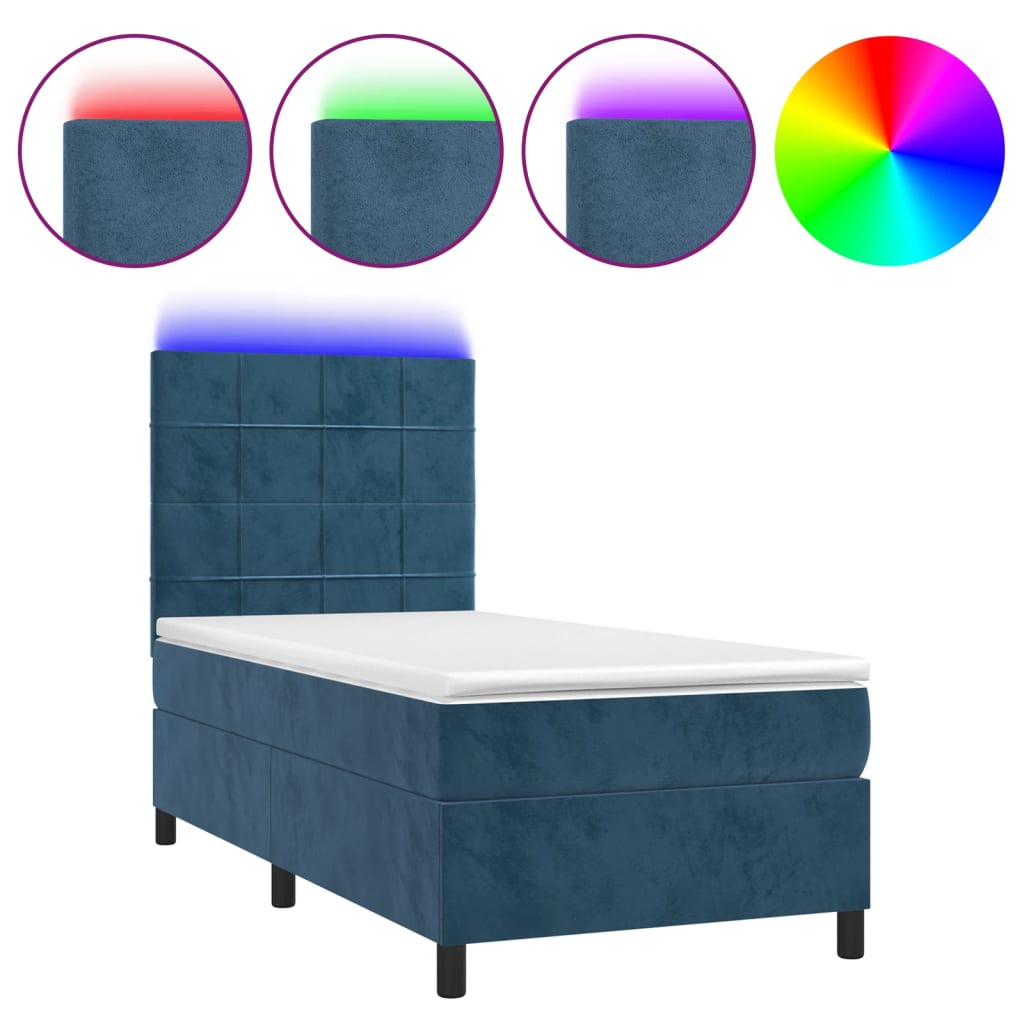 Letto a Molle con Materasso e LED Blu Scuro 90x190cm in Velluto - homemem39