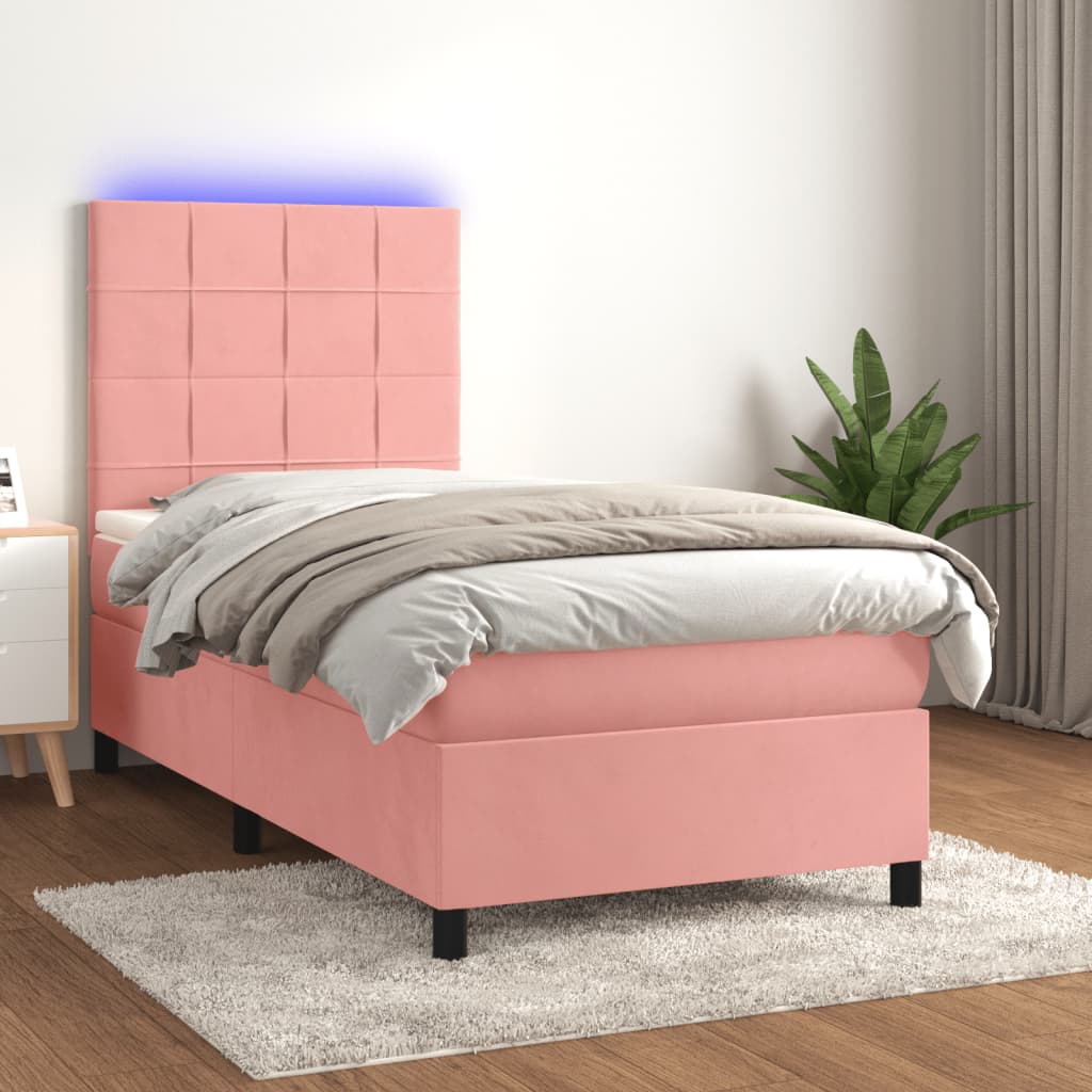 Letto a Molle con Materasso e LED Rosa 90x200 cm in Velluto