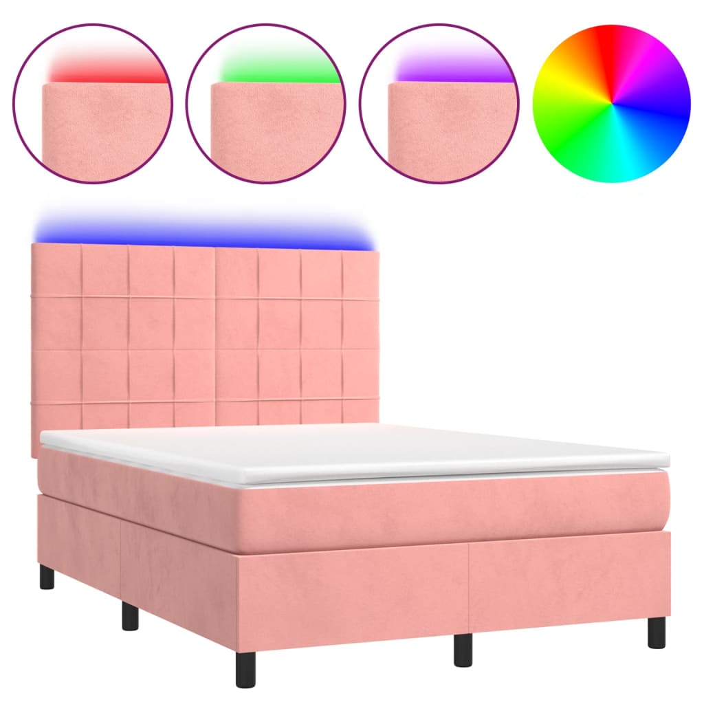 Letto a Molle con Materasso e LED Rosa 140x190 cm in Velluto - homemem39