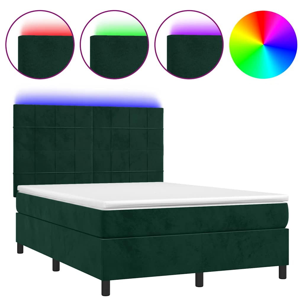 Letto a Molle con Materasso e LED Verde Scuro 140x200cm Velluto
