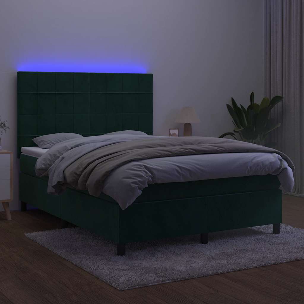 Letto a Molle con Materasso e LED Verde Scuro 140x200cm Velluto