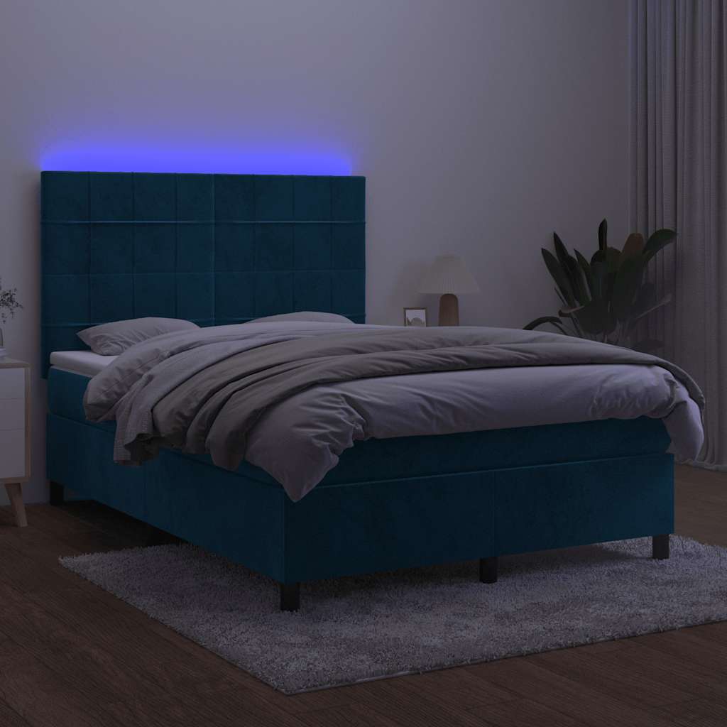 Letto a Molle con Materasso e LED Blu Scuro 140x200 cm