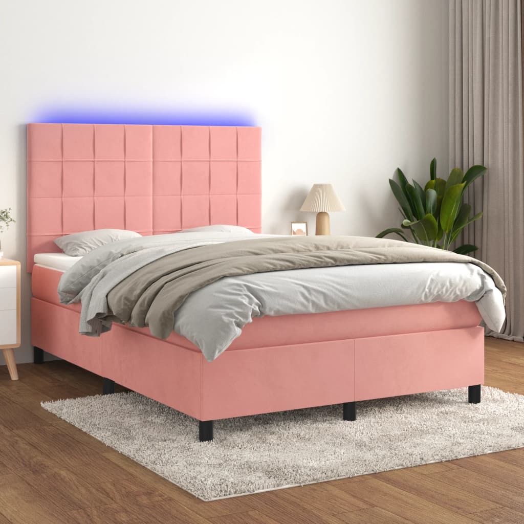 Letto a Molle con Materasso e LED Rosa 140x200 cm in Velluto - homemem39