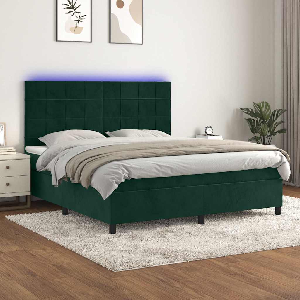 Letto a Molle con Materasso e LED Verde Scuro 180x200cm Velluto