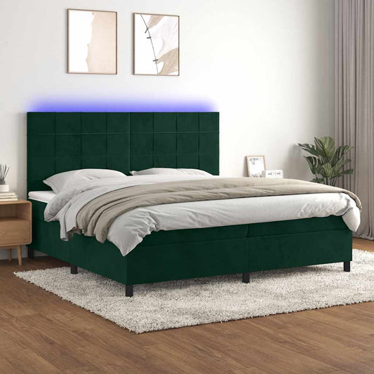 Letto a Molle con Materasso e LED Verde Scuro 200x200cm Velluto