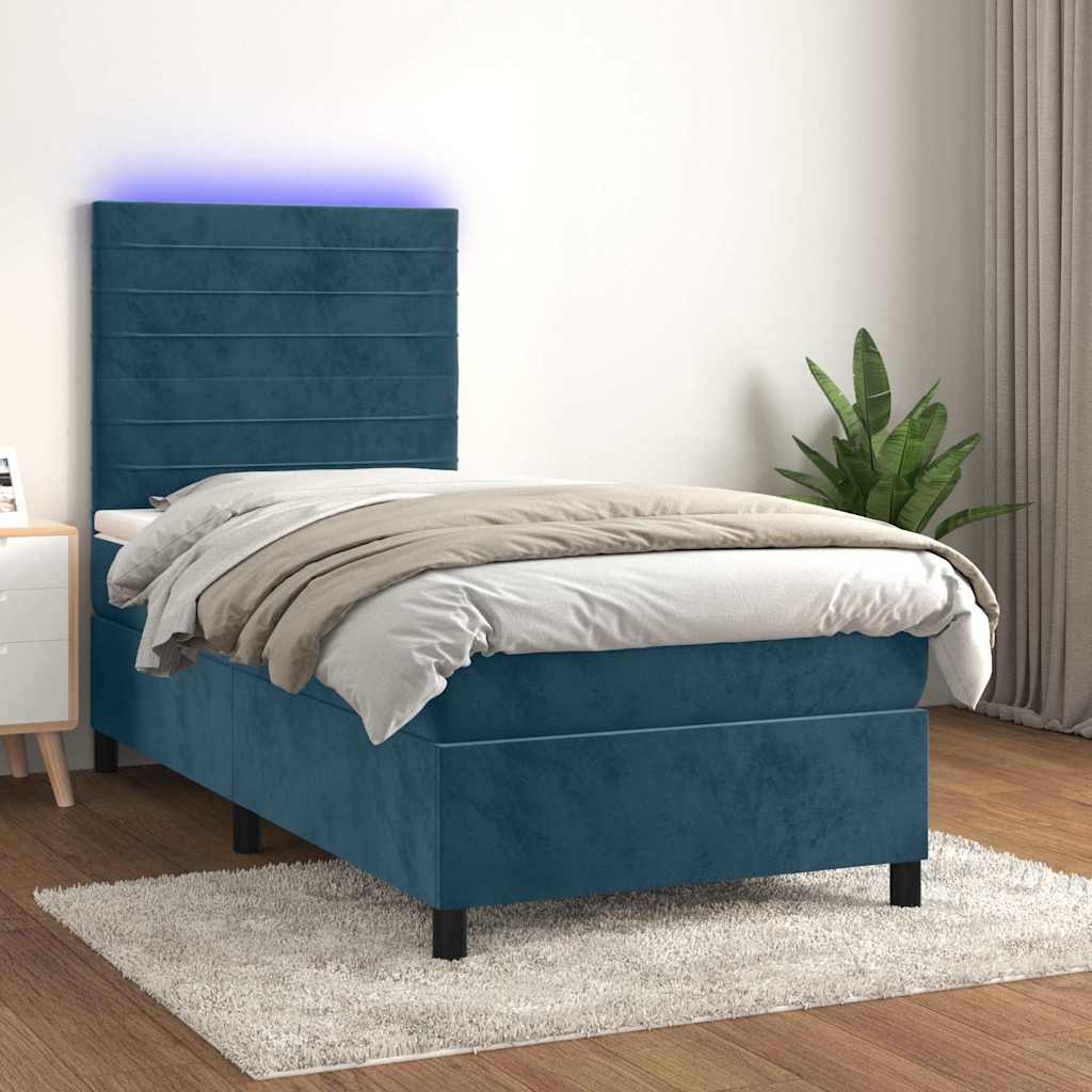 Letto a Molle con Materasso e LED Blu Scuro 80x200cm in Velluto | homemem39