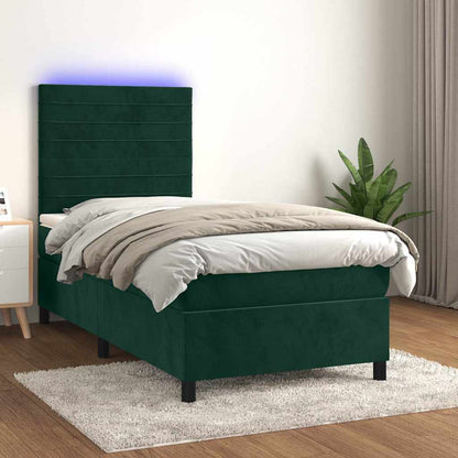 Letto a Molle con Materasso e LED Verde Scuro 90x190 cm Velluto | homemem39