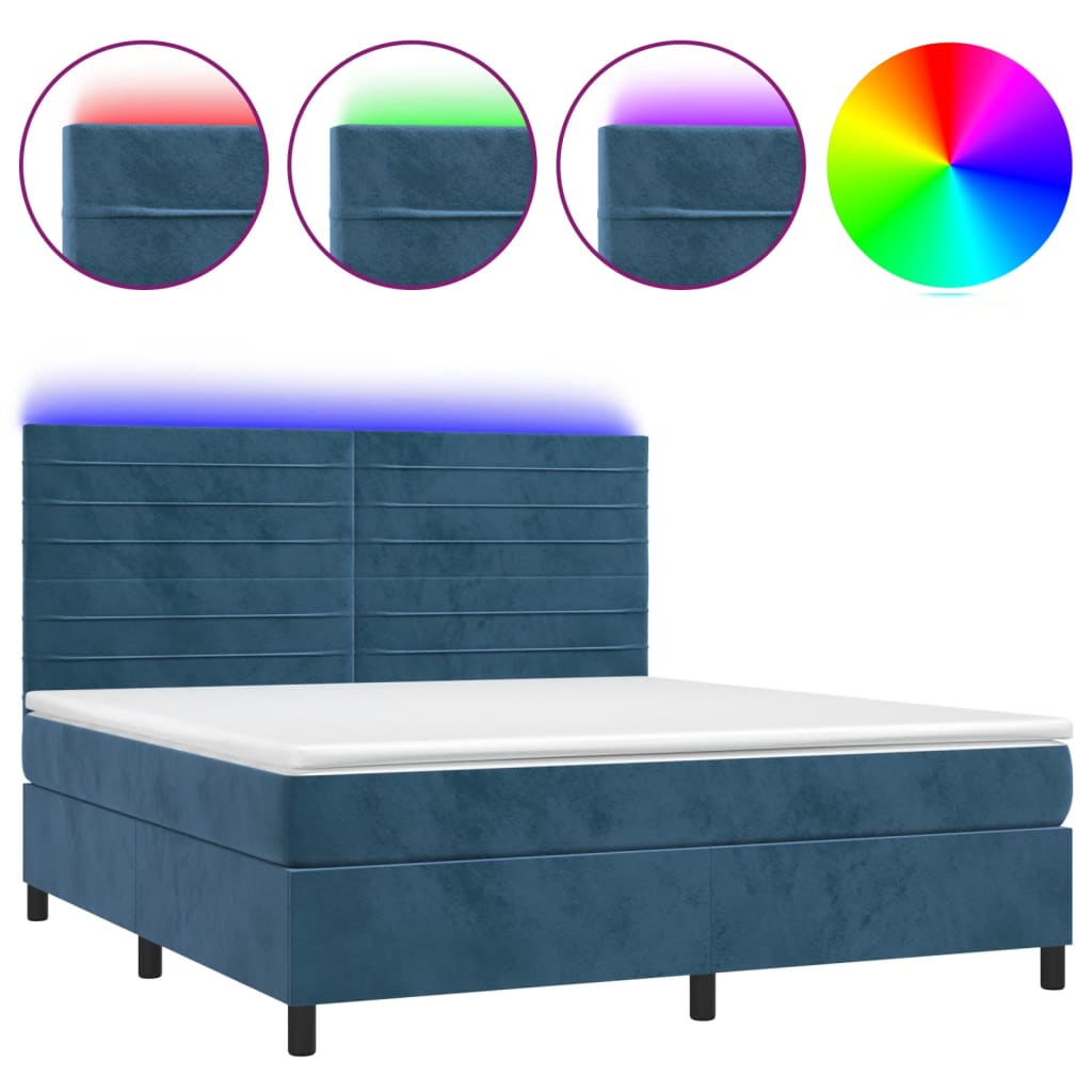 Letto a Molle con Materasso e LED Blu Scuro 160x200 cm