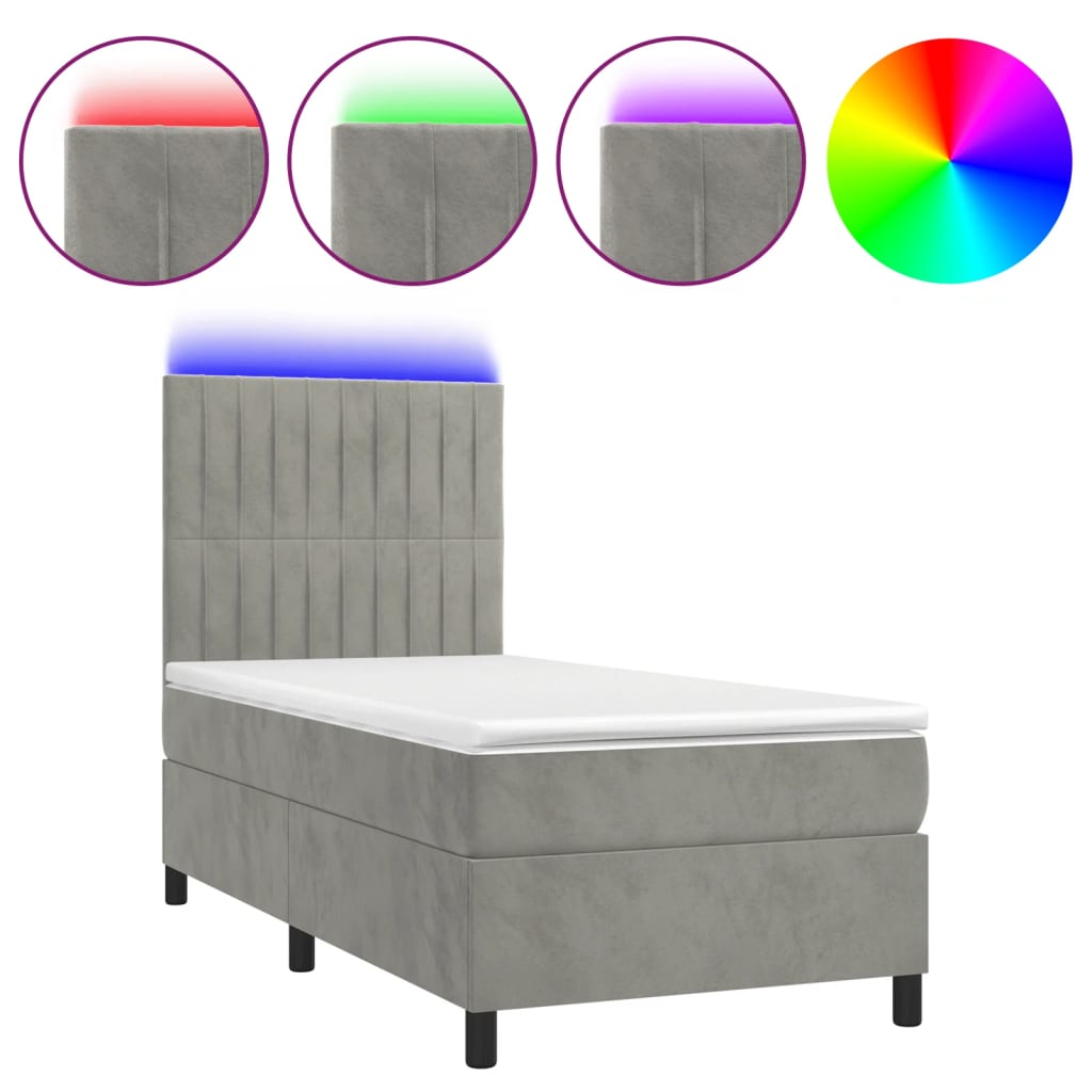 Letto a Molle Materasso e LED Grigio Chiaro 90x190 cm Velluto - homemem39