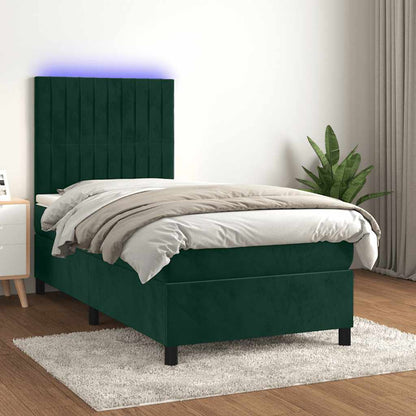 Letto a Molle con Materasso e LED Verde Scuro 90x200cm Velluto