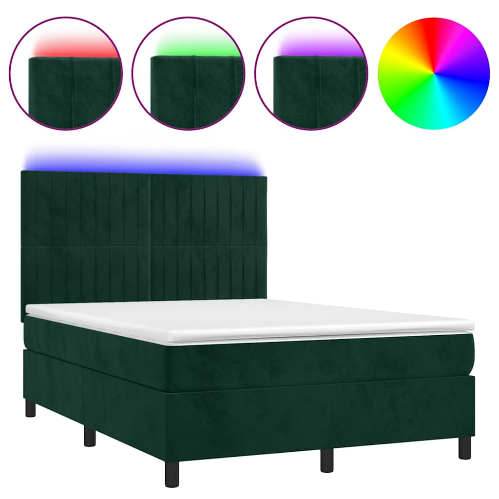 Letto a Molle con Materasso e LED Verde Scuro 140x190cm Velluto