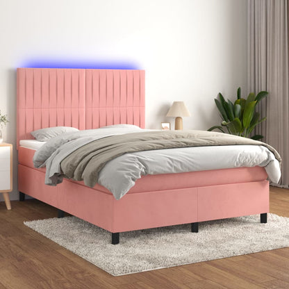 Letto a Molle con Materasso e LED Rosa 140x190 cm in Velluto - homemem39