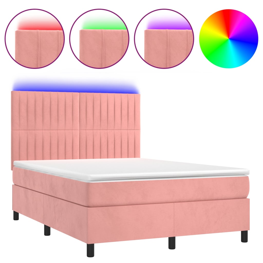 Letto a Molle con Materasso e LED Rosa 140x200 cm in Velluto - homemem39