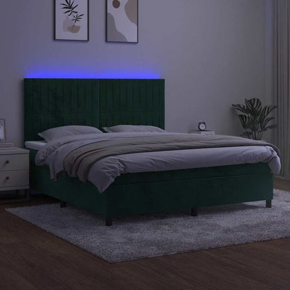 Letto a Molle con Materasso e LED Verde Scuro 160x200cm Velluto