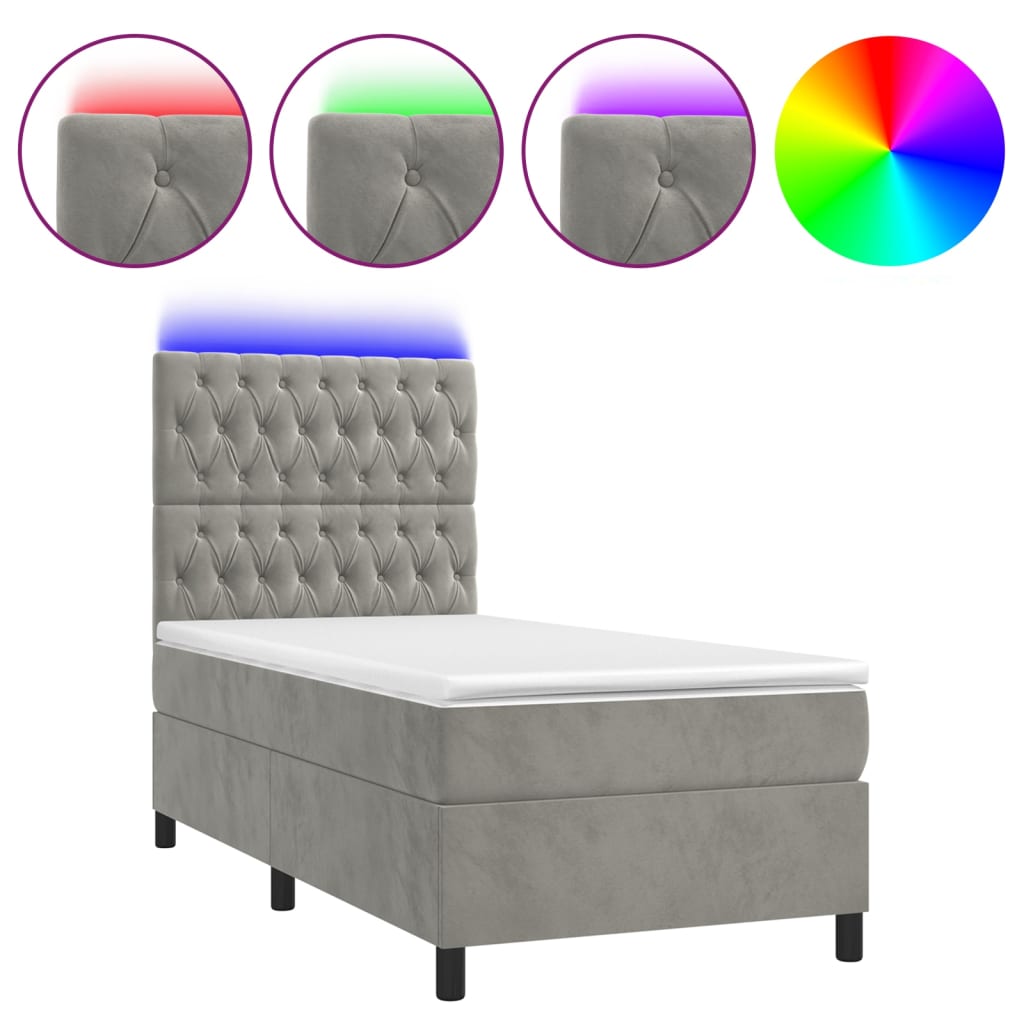 Letto a Molle Materasso e LED Grigio Chiaro 90x190 cm Velluto - homemem39