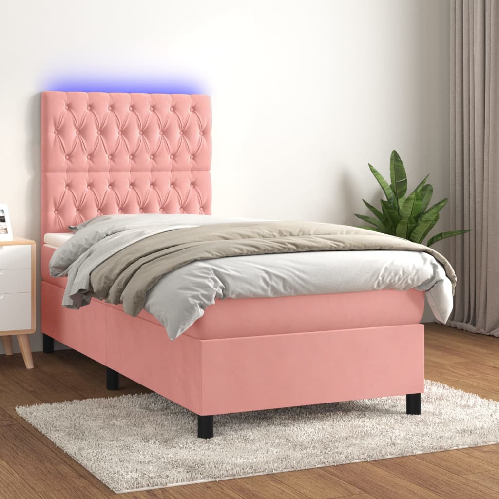 Letto a Molle con Materasso e LED Rosa 90x190 cm in Velluto - homemem39