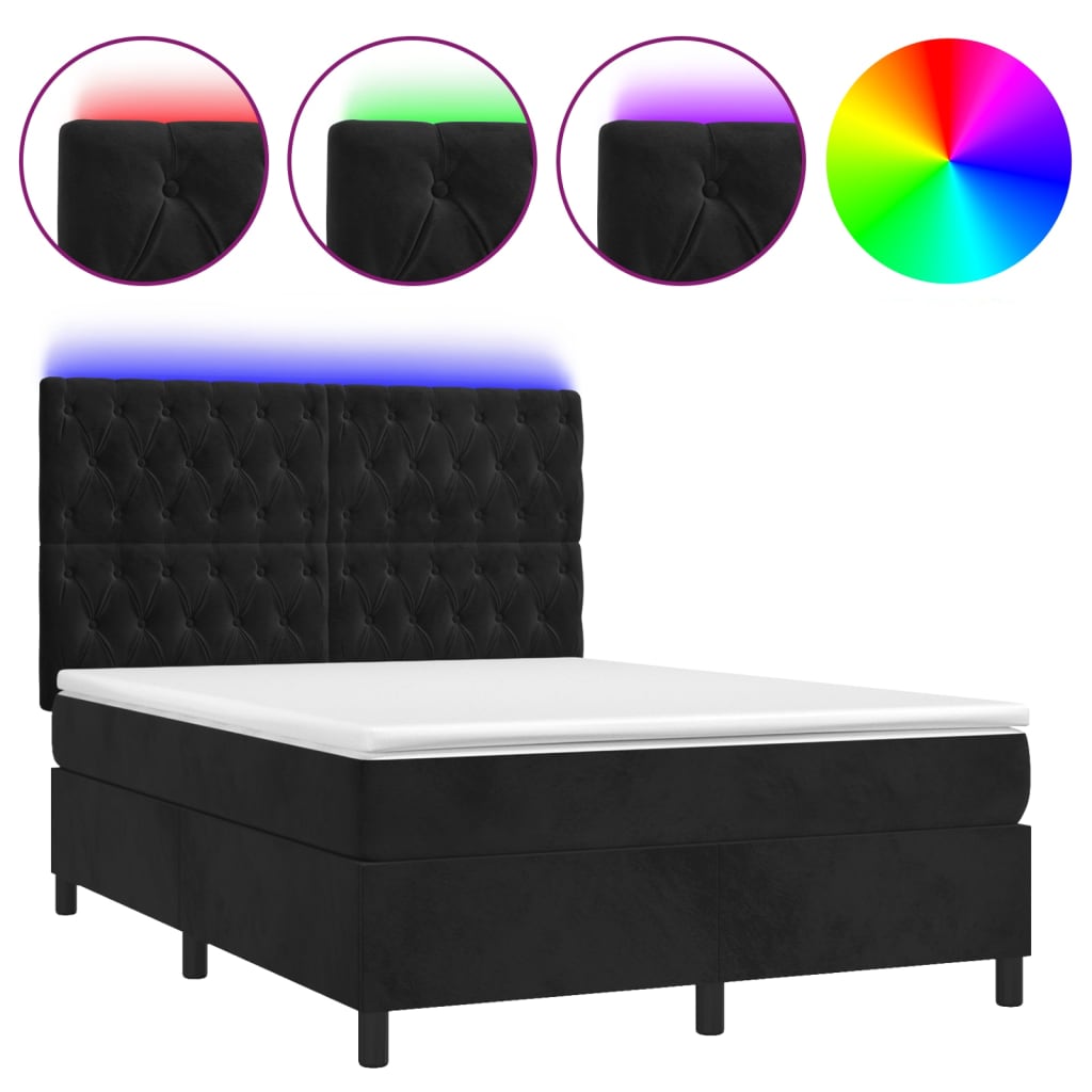 Letto a Molle con Materasso e LED Nero 140x190 cm in Velluto